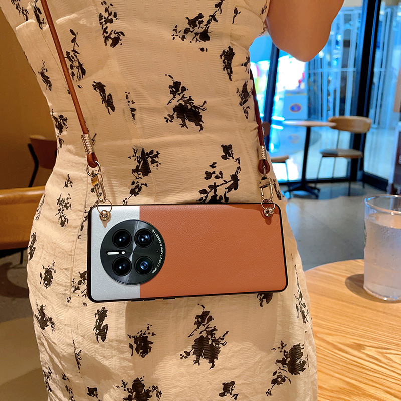 拼接皮纹适用华为mate70pro+手机壳mate70保护套全包防摔皮纹斜挎挂绳网红ins大漠银月高档简约男女拼色