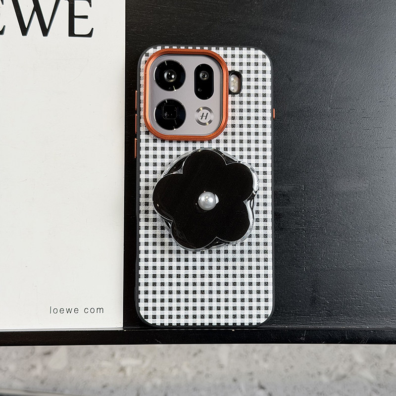 高级磁吸黑格纹适用oppofindx9pro手机壳皮纹findx9保护套防摔硅胶软边OPPOFindx9网红ins黑花朵磁吸气囊支架