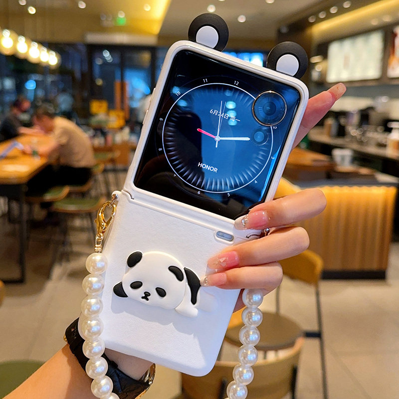 可爱熊猫适用荣耀Magicvflip手机壳折叠屏防摔皮纹包中轴magicvflip保护壳卡通趴趴熊简约珍珠手链高档女款