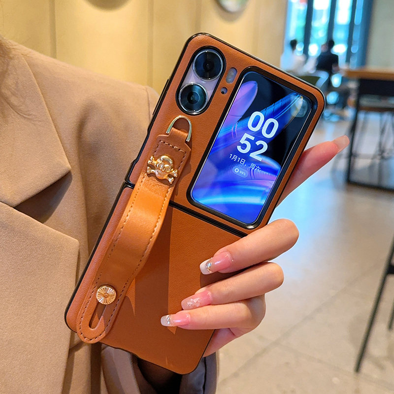 适用OPPO Find N2 Flip手机壳全包防摔高级感棕色oppofindn2flip保护壳折叠屏腕带支架潮牌骷髅高档创意网红