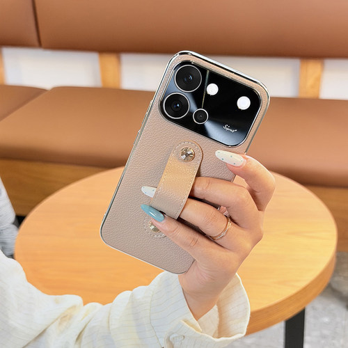高级咖色腕带适用vivos60手机壳电镀皮纹VIVOS60保护套全包防摔高档vivo s60肤感荔枝纹网红手腕带