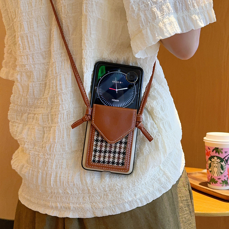 日韩千鸟格适用小米MIXflip手机壳蚕丝纹卡包女款小米mixflip外壳奢华防摔保护套网红斜挎挂绳背带