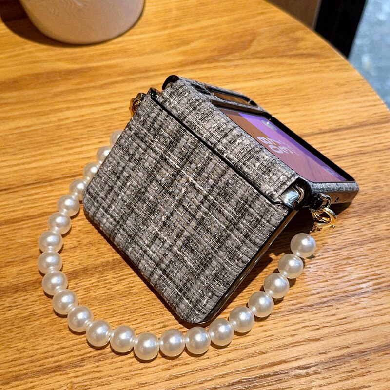 高级黑灰编织纹适用华为purax手机壳皮纹purax典藏版折叠屏保护套中轴全包防摔高档珍珠手提链purax网红ins