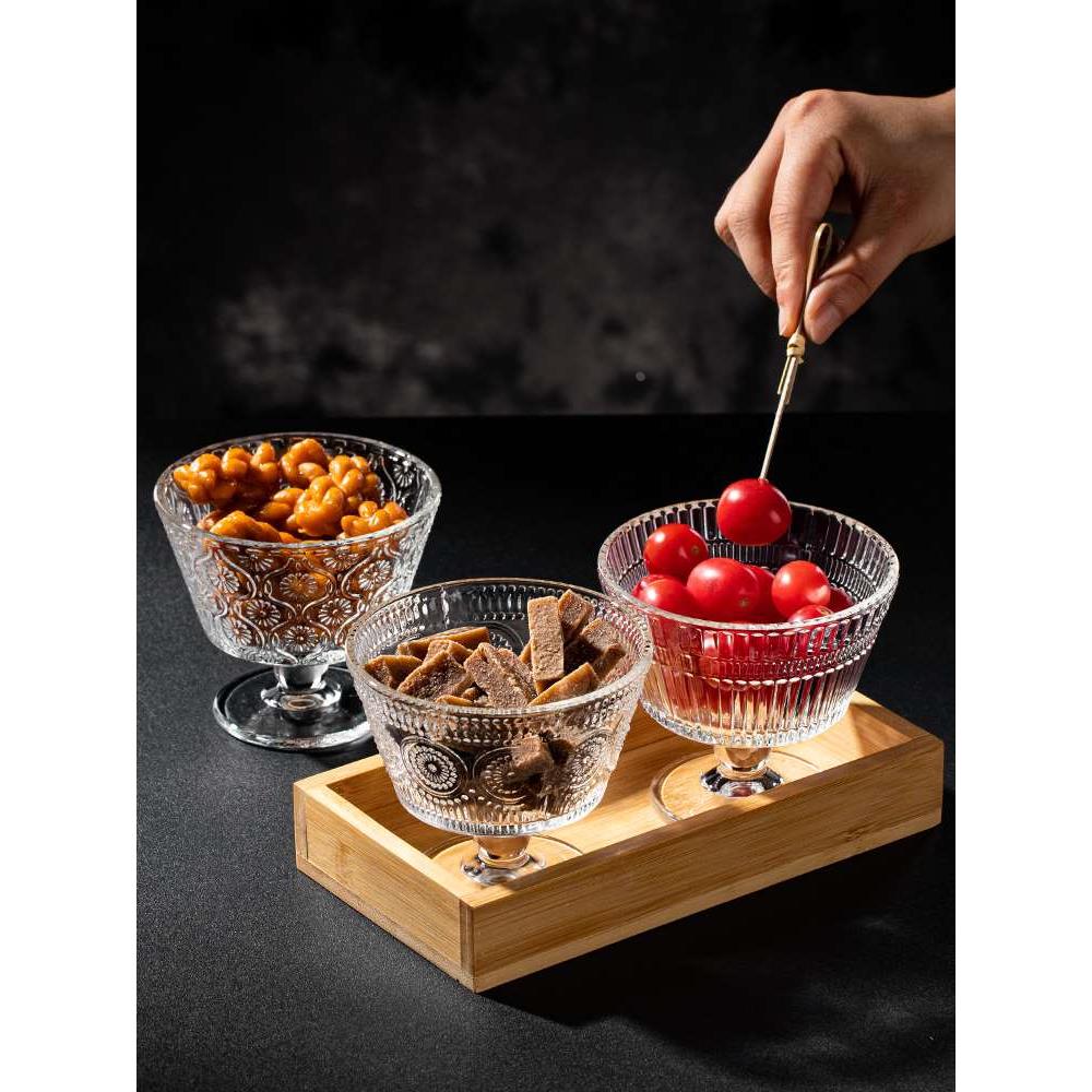 酒吧KTV小吃碟子复古浮雕甜品高脚杯雪糕酸奶碗玻璃分隔盘干果盘