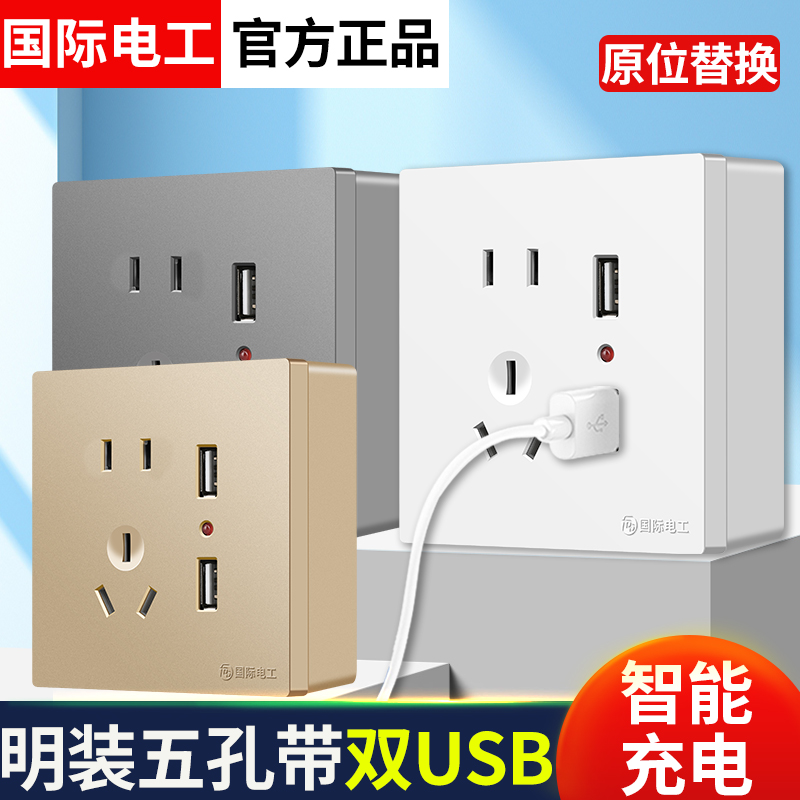 国际电工明装插座面板快充Type-c家用带USB充电5五孔86型明线盒