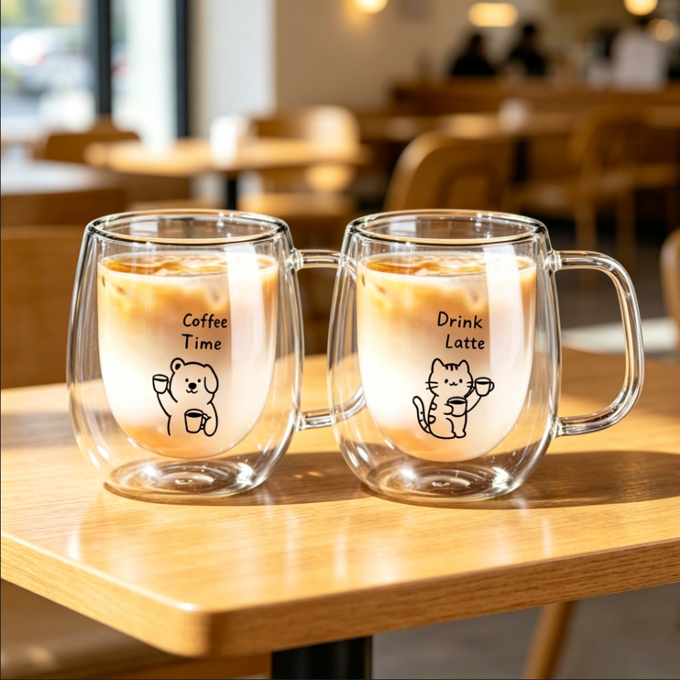 ins风可爱猫狗图案耐高温双层咖啡杯玻璃杯果汁杯牛奶杯水杯茶杯