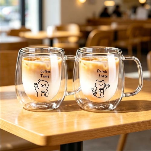 ins风可爱猫狗图案耐高温双层咖啡杯玻璃杯果汁杯牛奶杯水杯茶杯