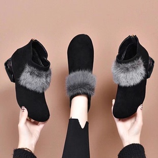 真皮女鞋 加绒圆头毛毛鞋 新款 女士短靴轻奢棉鞋 子 冬季 品牌断码