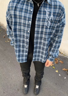 YUANQ美式LOGO刺绣蓝格子衬衫复古宽松休闲外套复古百搭格纹长袖