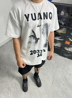 YUANQ24SS和平鸽美式短袖小众小领口原创国潮复古休闲百搭宽松T恤