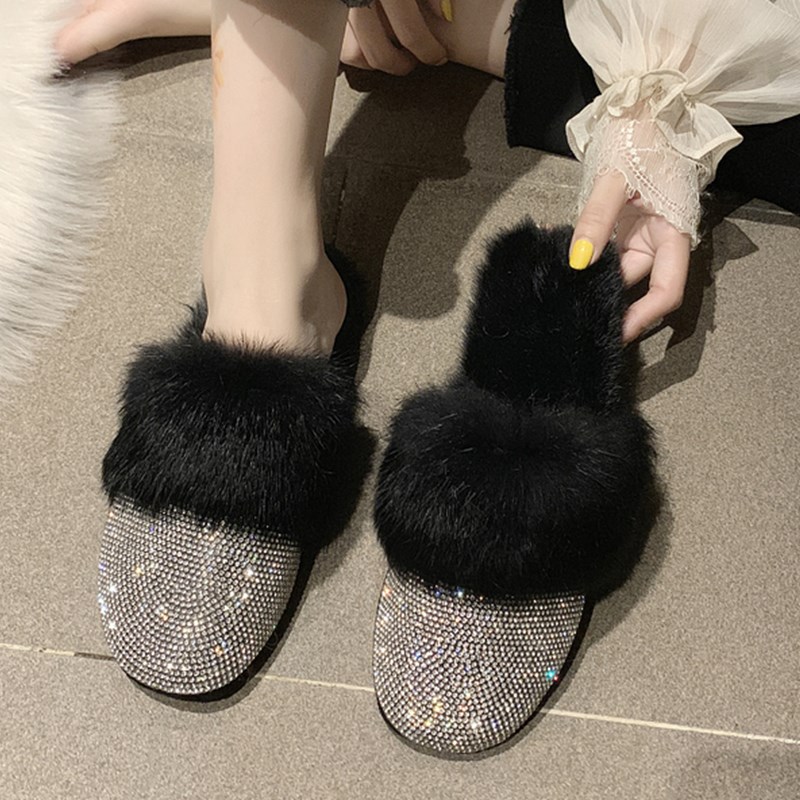Sexy Rhinestones Women Fur Baotou Slippers 2021 Keep Warm Fa