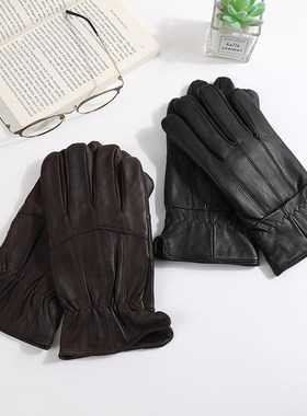Genuine Leather Gloves Leather Coffee Black Gloves Men Fleec