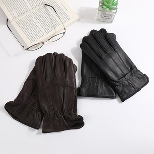 Genuine Leather Gloves Leather Coffee Black Gloves Men Fleec