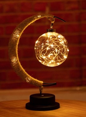 LED Moon Sepak Takraw Lamp Handmade Hemp Rope Wrought Iron N