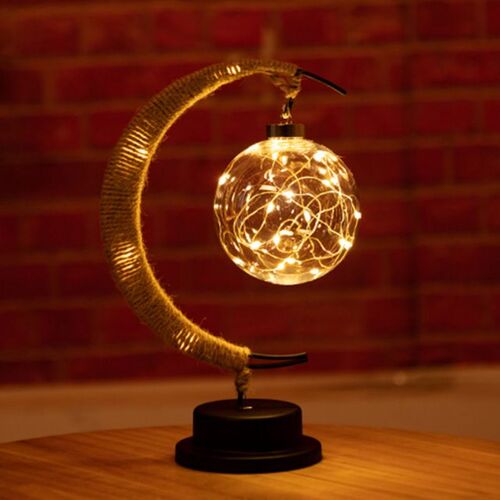 LED Moon Sepak Takraw Lamp Handmade Hemp Rope Wrought Iron N