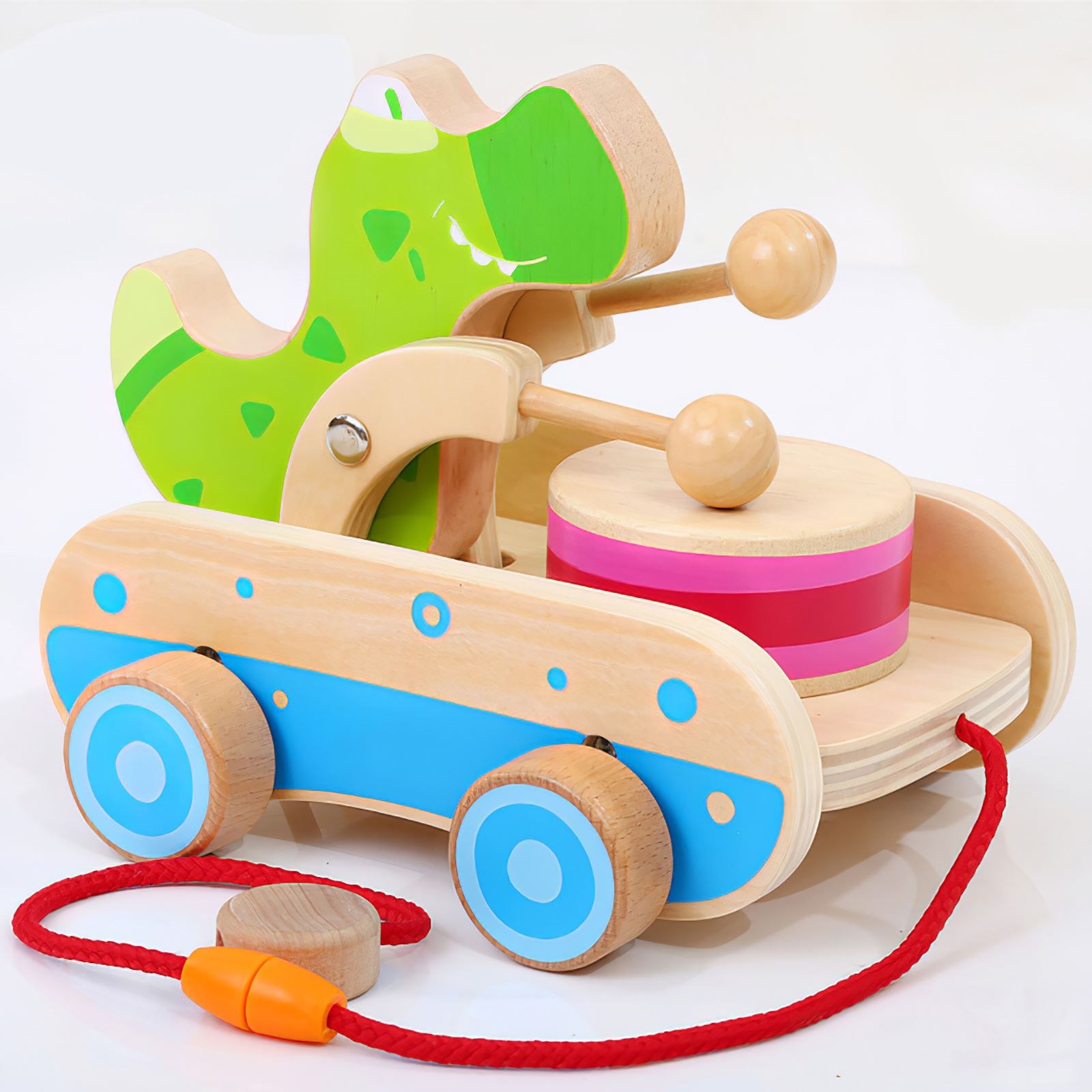 Children'S Wooden Cartoon Crocodile Drum Towing Trailer Used