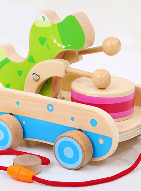 Children'S Wooden Cartoon Crocodile Drum Towing Trailer