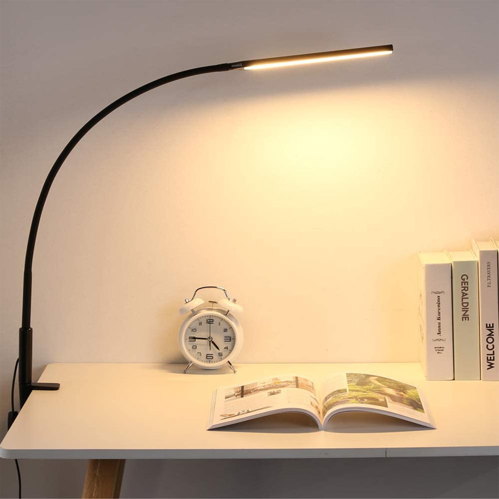 Desk Lamp with Clamp, Dimmable Swing Arm, Flexible Gooseneck