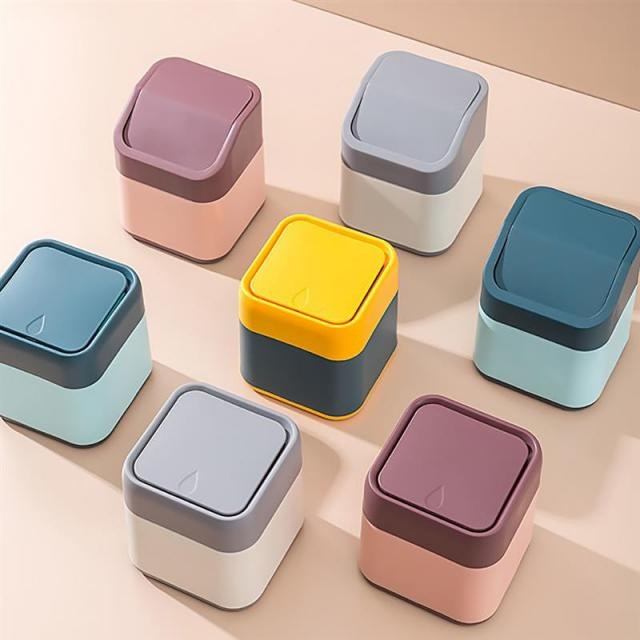 Plastic Mini Desktop Trash Can Car Storage Bucket Flip Cover