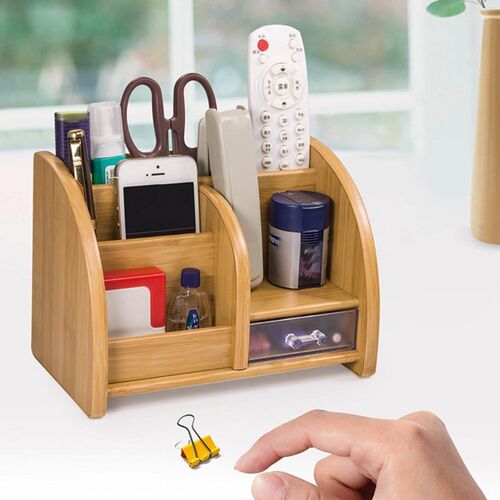Desk Storage Organizer with 5 Compartments Wooden Pen Holder