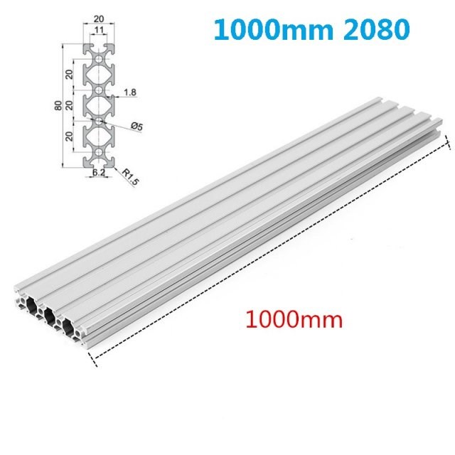 Silver 1000mm 2080 T-Slot  Aluminum Profiles Extrusion Frame