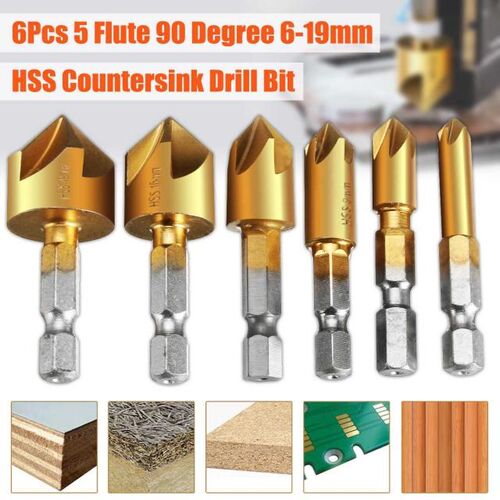 6pcs Countersink Drill Bit Set 1/4'' Hex Shank HSS 5