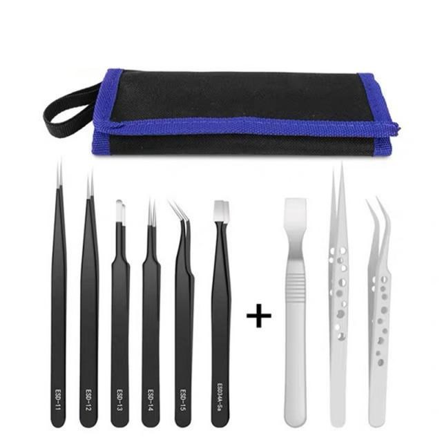 9Pcs Tweezers Set Stainless Steel Anti-static Precision Twee