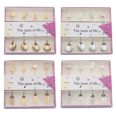 4Pcs Stainless Steel Coffee Spoon Dessert Fork Animal Orname