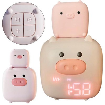 Cute Pig Alarm Clock Night Lamp Voice Control LED Digital Sl