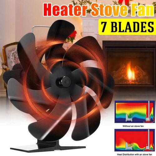 Black Fireplace 7 Blades Heat Powered Stove Fan Log Wood Bur