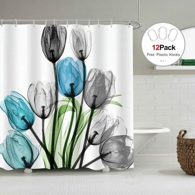 Tulips Flower Printed Waterproof Bath Shower Curtain Set Non