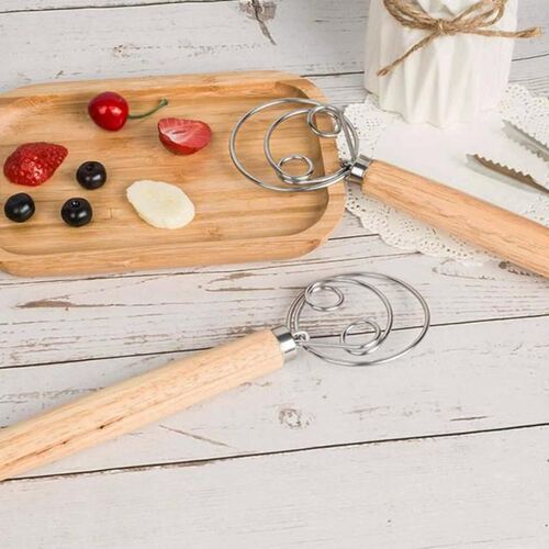 Dough Whisk Stainless Steel Bread Dough Hand Mixer Wooden Ha