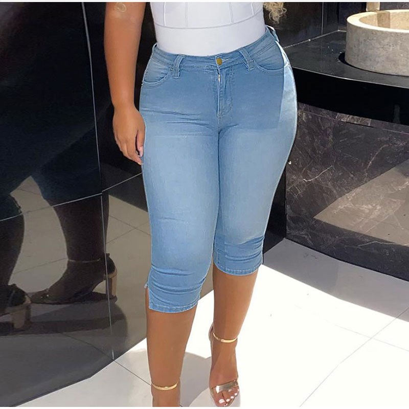 Plus Size Vintage Mid Blue Stretchy Skinny Knee Length Distr