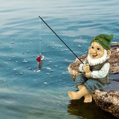 Garden Gnome Statue Resin Fishing Dwarf Elf Figurines Yard F