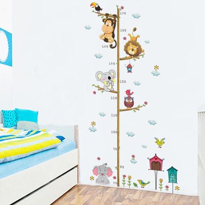 Cartoon Animals Lion Monkey Owl Elephant Height Measure Wall