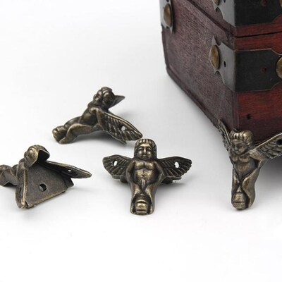 4Pcs Antique Bronze Angel Gift Box Wood Case Corner Protecto
