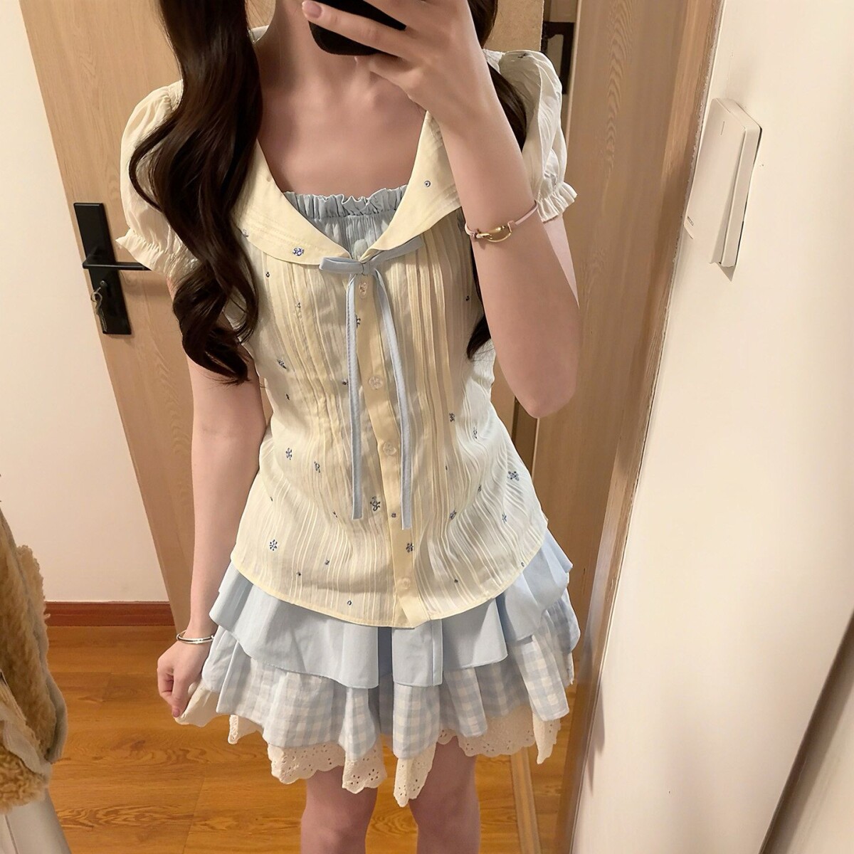学院风甜美假两件碎花套
