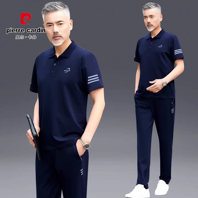 皮尔卡丹夏季爸爸套装中老年人男士短袖t恤2025新款运动休闲裤子