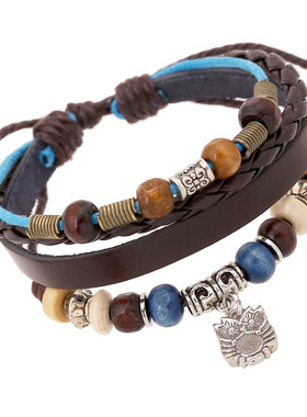 厂家直销复古串珠牛皮手链可调节个性猫头鹰小吊坠皮革手链首饰