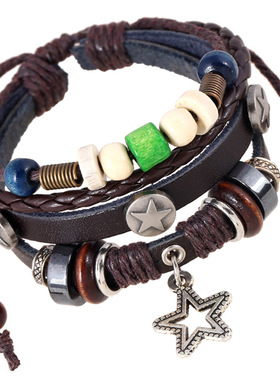 低价促销合金五角星挂件 真皮手链批发 串珠牛皮手链 欢迎订购