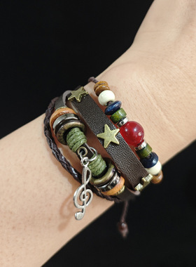 音符吊坠可调节多层手环学生民族风音乐串珠手链男女情侣森系复古