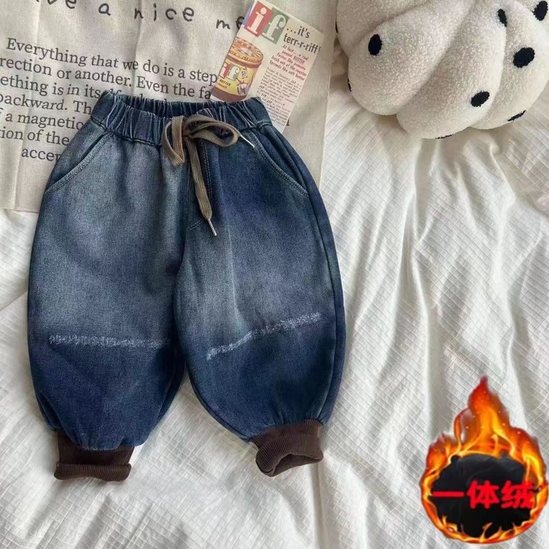 巴la巴la磨破条加绒牛仔裤韩版宽松休闲男女童潮宝冬季灯笼长裤网