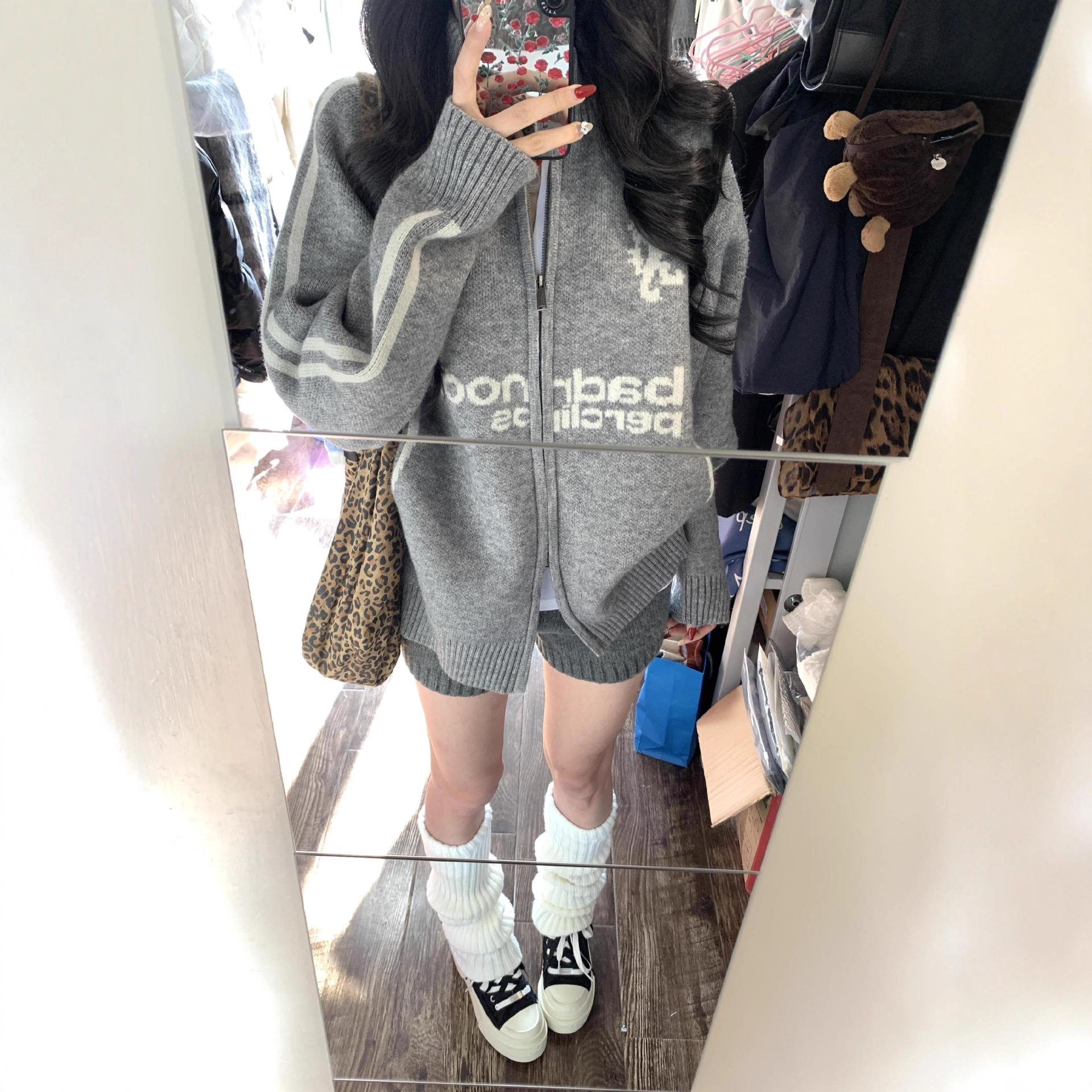oversize！棒球风翻领拉链毛衣开衫女外套秋季新款韩版宽松针织衫