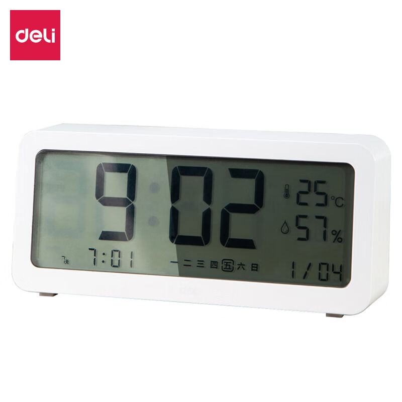得力(deli)多功能电子闹钟学生背光电子钟温湿度计功能白色8827