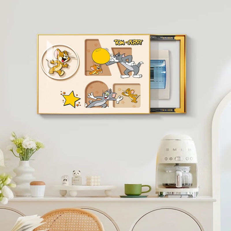 涵轩北欧趣味猫和老鼠电表箱装饰画2024新款奶油风餐厅多媒体遮挡