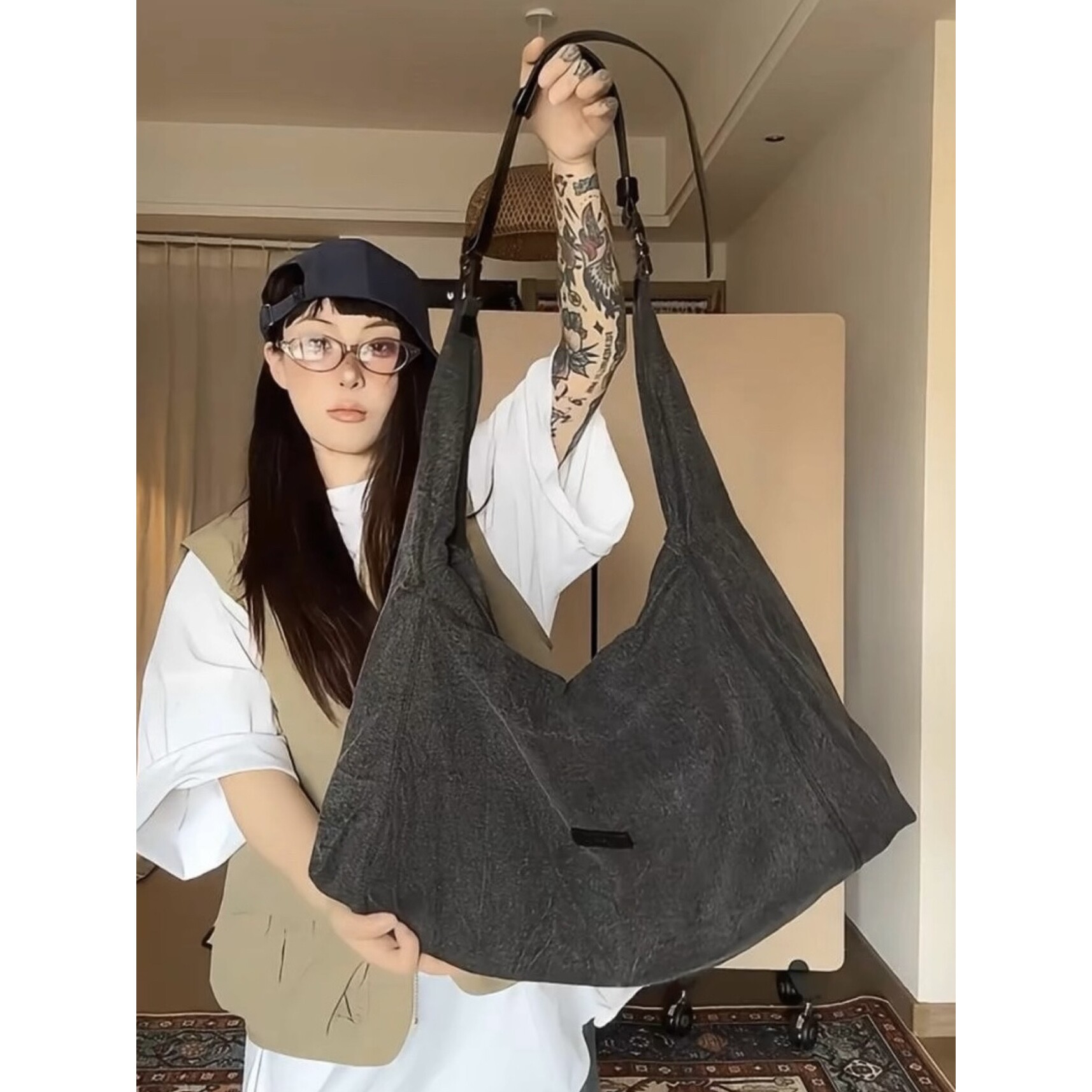 明星同款帆布牛仔高级感大容量时尚复古包休闲托特通单肩腋下包潮