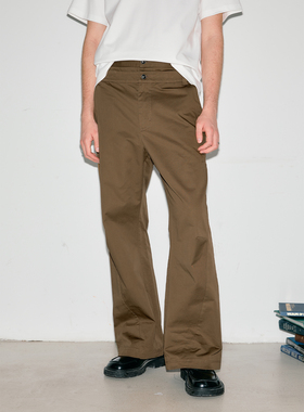 Costful Ro双腰头微喇全棉高密斜纹水洗休闲裤 美式复古棕色长裤