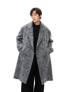 Costful Ro羊毛混纺双排扣长款呢大衣 水波纹肌理休闲廓形外套冬