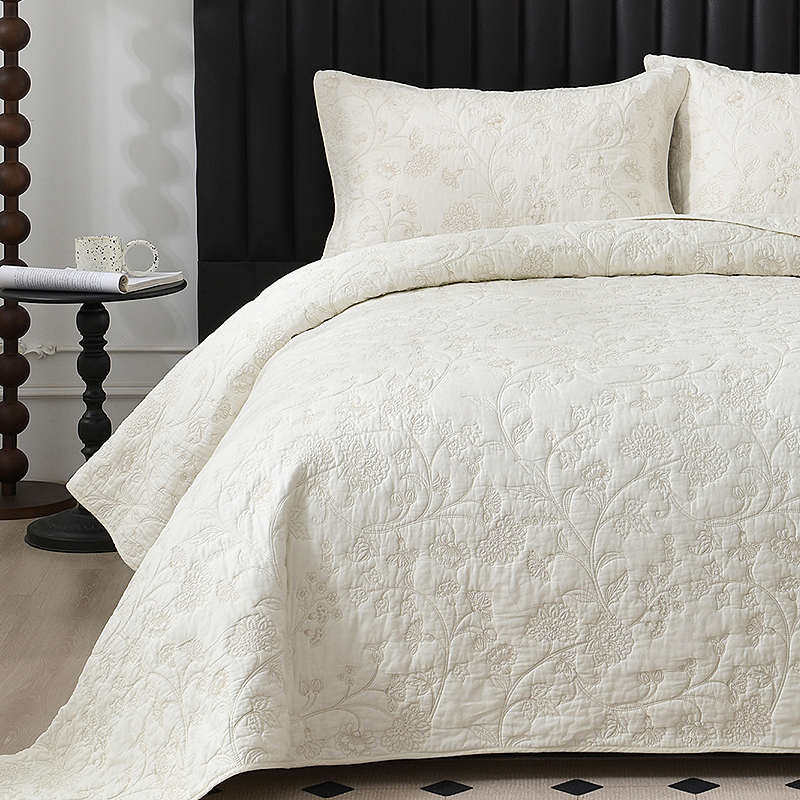 ins复古重工田园刺绣床盖纯棉绣花加厚夹棉床单全棉绗缝被三件套