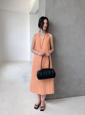 MOMOKOO女装 2025夏季苎麻露背A字遮肚显瘦v领无袖连衣裙22499